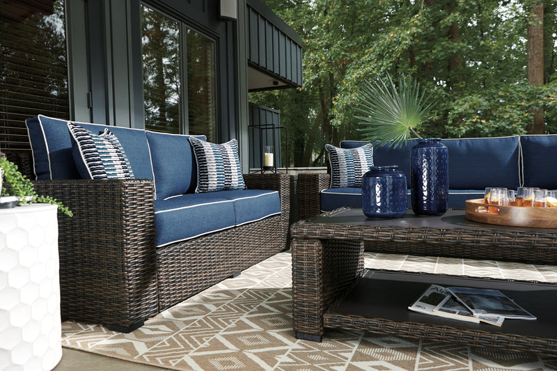 Grasson Brown/blue Lane Outdoor Sofa And Loveseat With Coffee Table