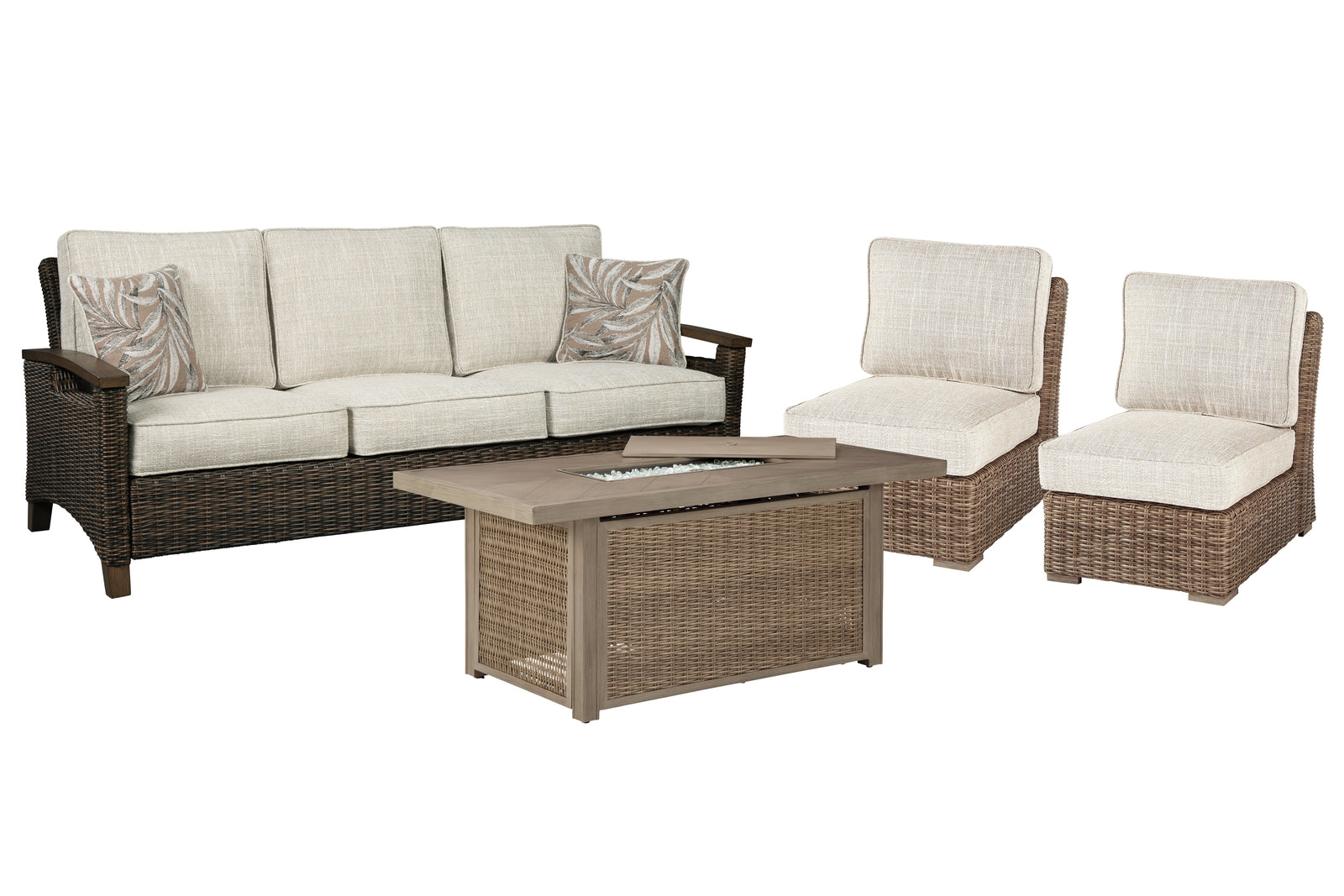 Beachcroft Beige Outdoor Sofa And 2 Lounge Chairs With Fire Pit Table