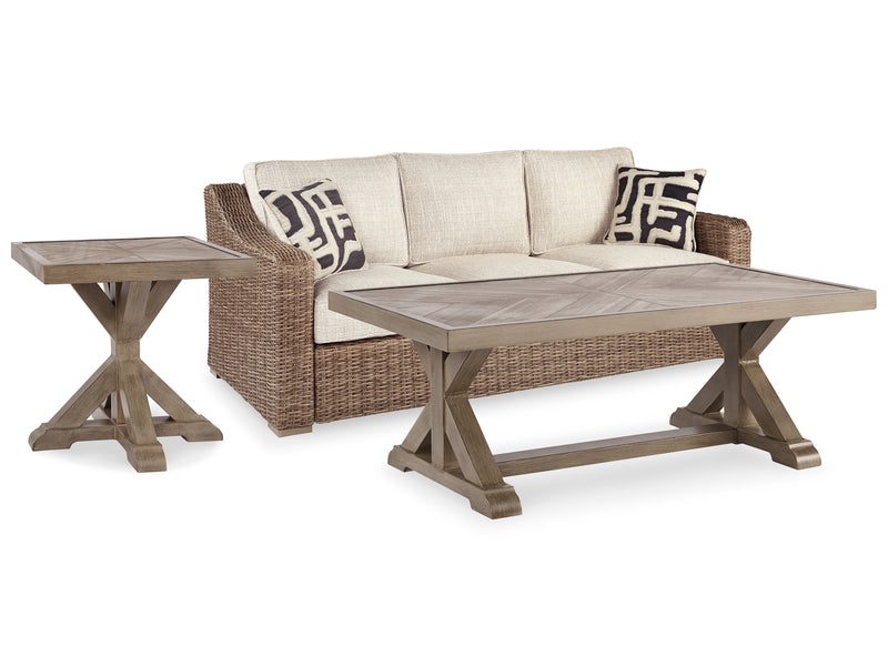 Beachcroft Beige Outdoor Sofa With Coffee Table And End Table