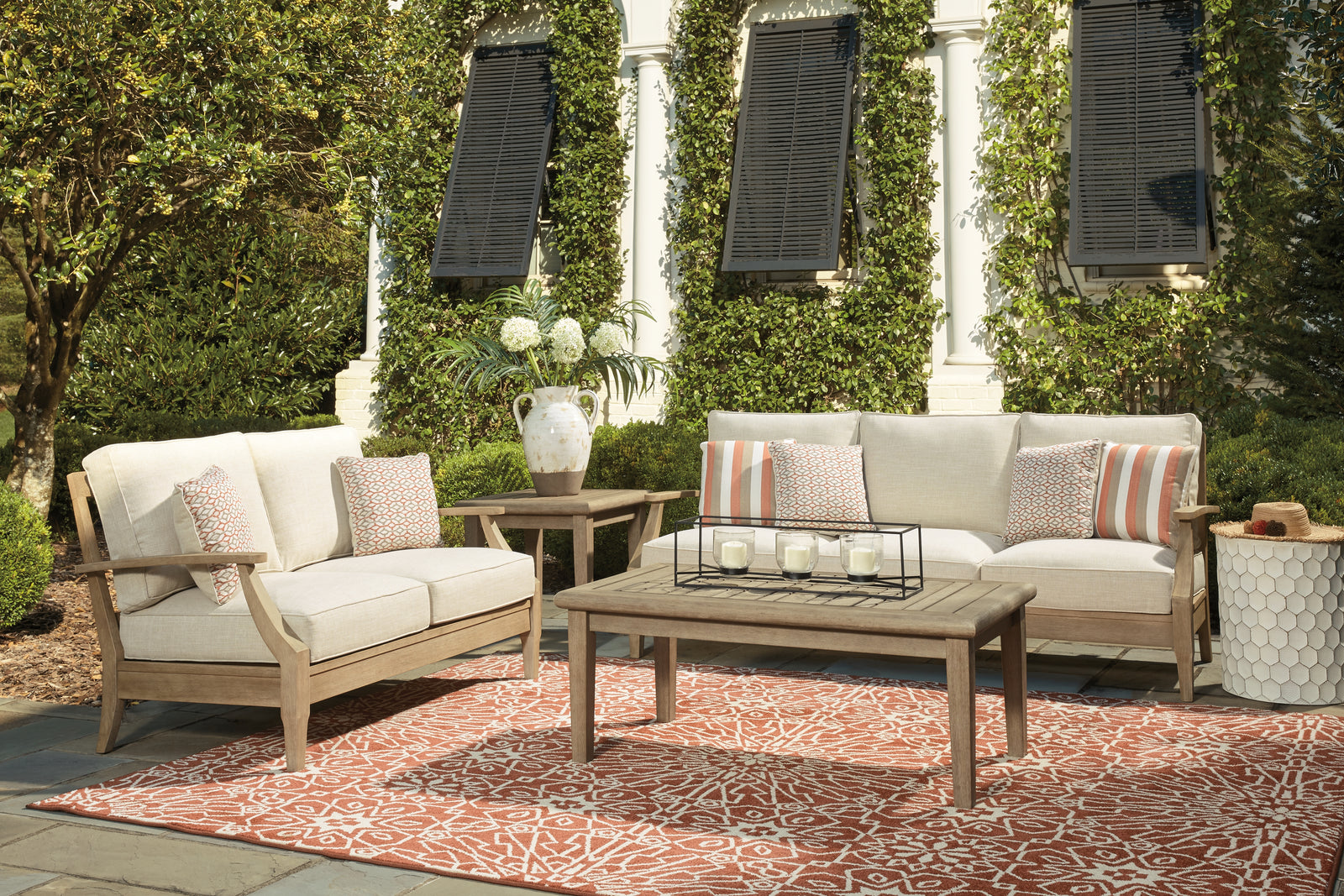 Clare Beige View Outdoor Sofa And Loveseat With Coffee Table