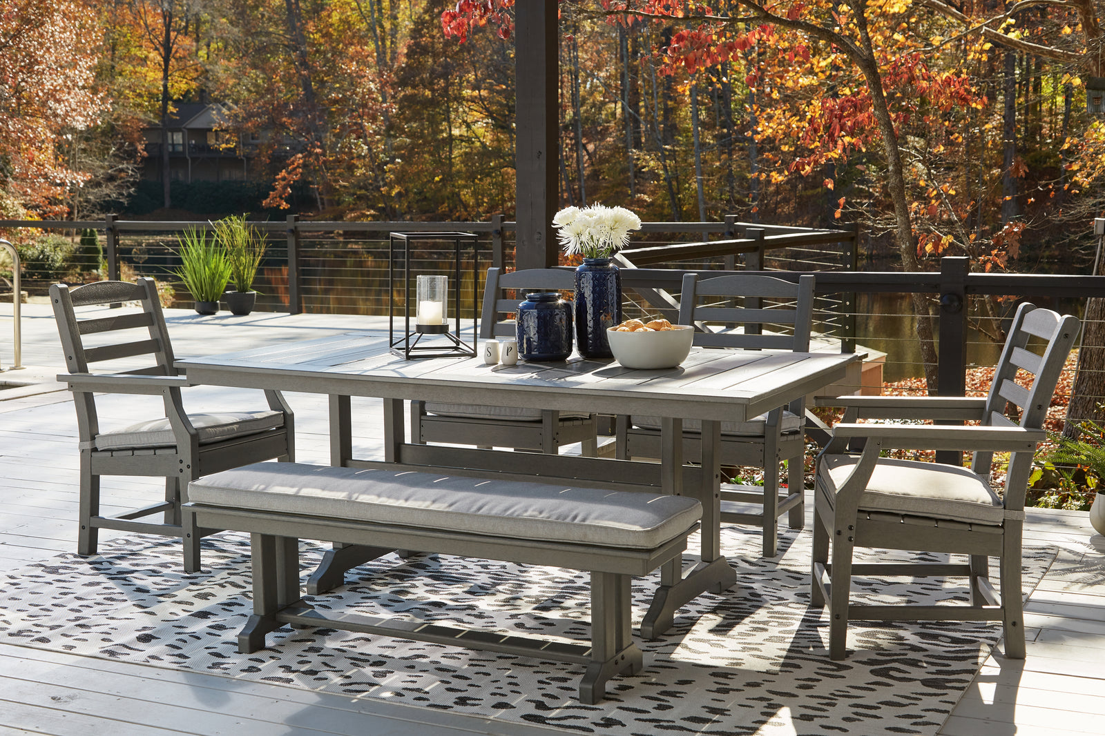 Visola Gray Outdoor Dining Table And 4 Chairs And Bench