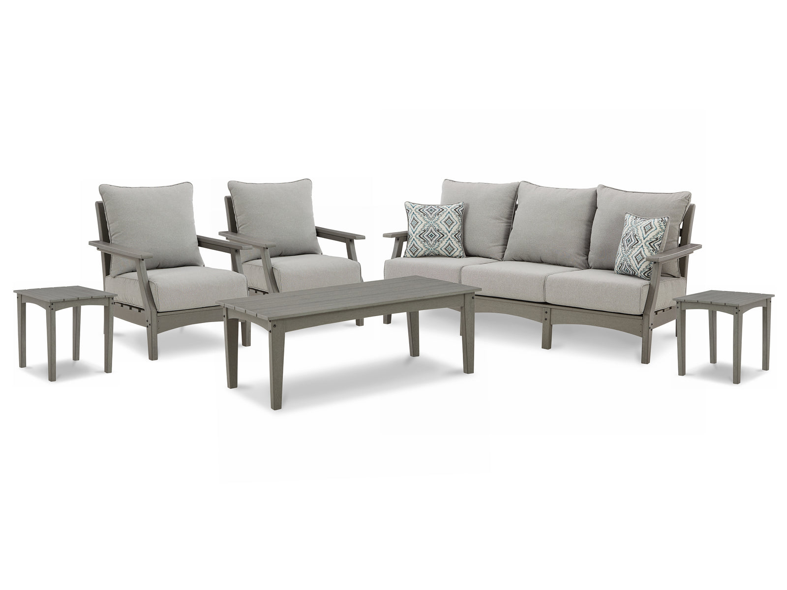 Visola Gray Outdoor Sofa And  2 Lounge Chairs With Coffee Table And 2 End Tables