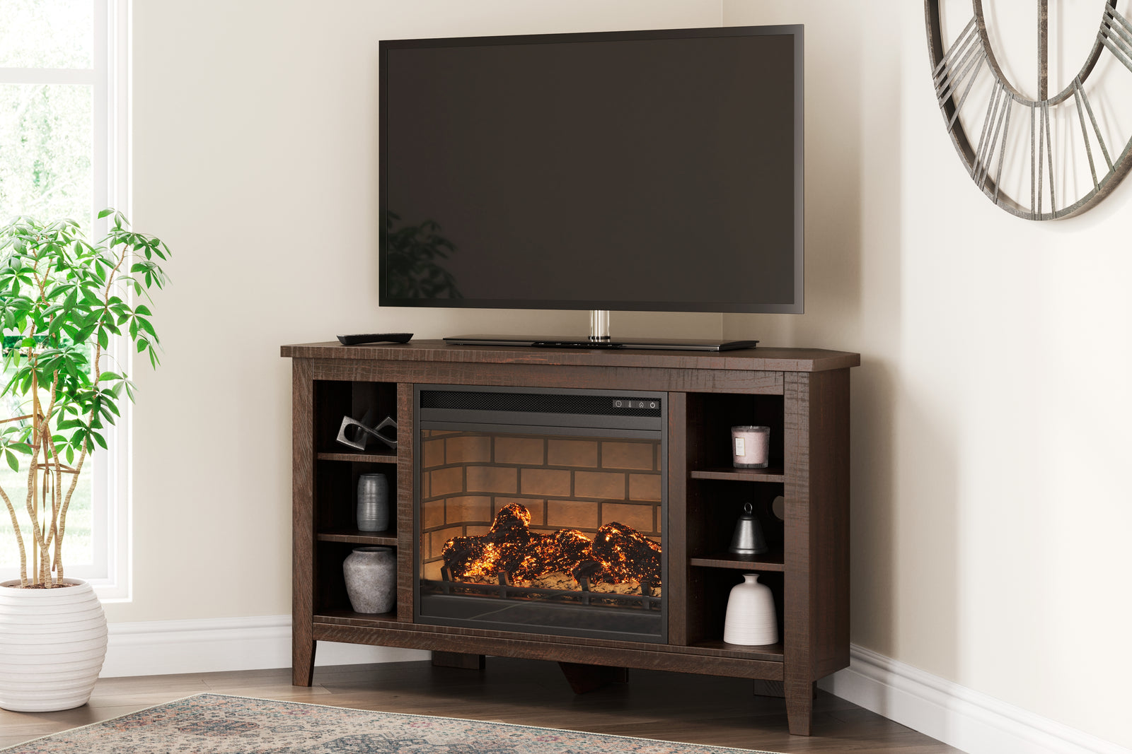 Camiburg Warm Brown Corner Tv Stand With Electric Fireplace