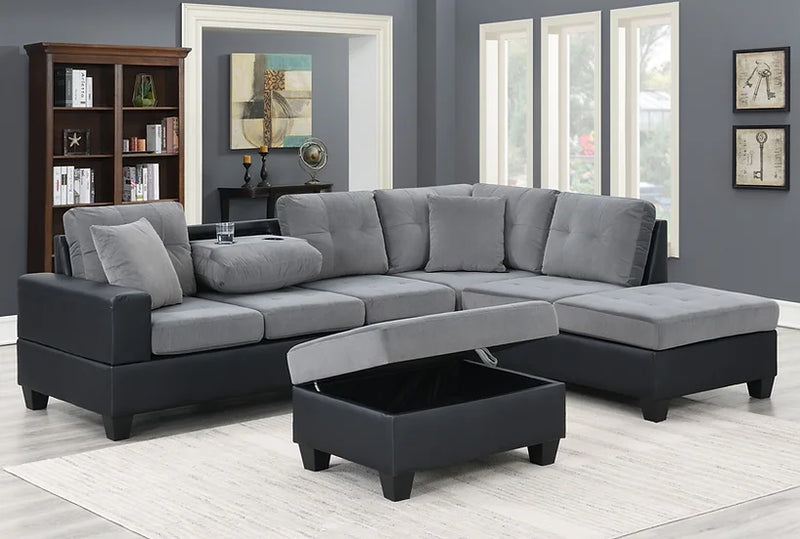 Grand Parkway Grey Velvet/Faux Leather Tufted 3Pcs Sectional With Storage Ottoman