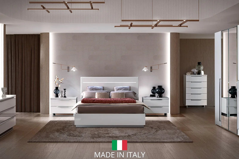 Kimera White Contemporary High Gloss Lacquer Solid Wood ItalianBedroom LED Bedroom Set