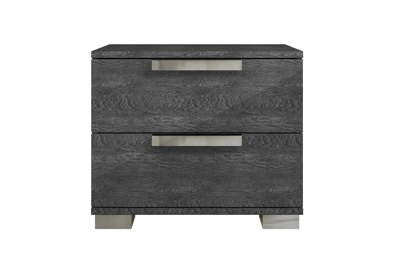 Sarah Geo Ice Grey Contemporary Wood High Gloos Lacquer Metallic Accents Extra Nightstand