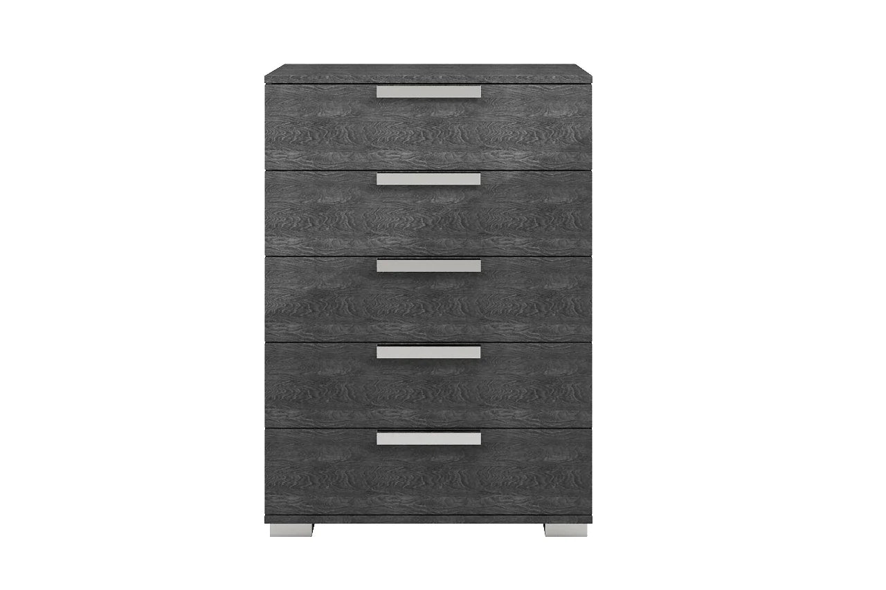Sarah Geo Ice Grey Contemporary Wood High Gloos Lacquer Metallic Accents 5-Drawers Chest