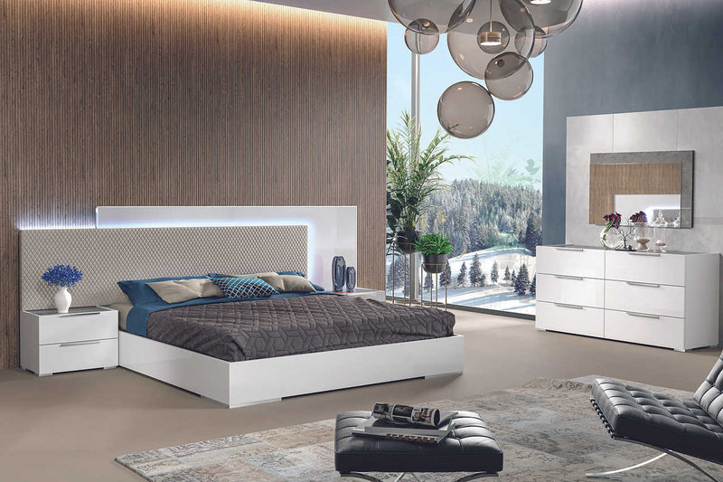 Fabiana White/Beige Modern Contemporary High Gloss Wood Eco Leather Italian Bedroom Set