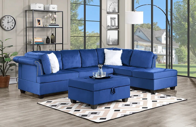 Ava Blue Modern Contemporary Wood Velvet Tufted 3Pcs Sectional With Storage Ottoman