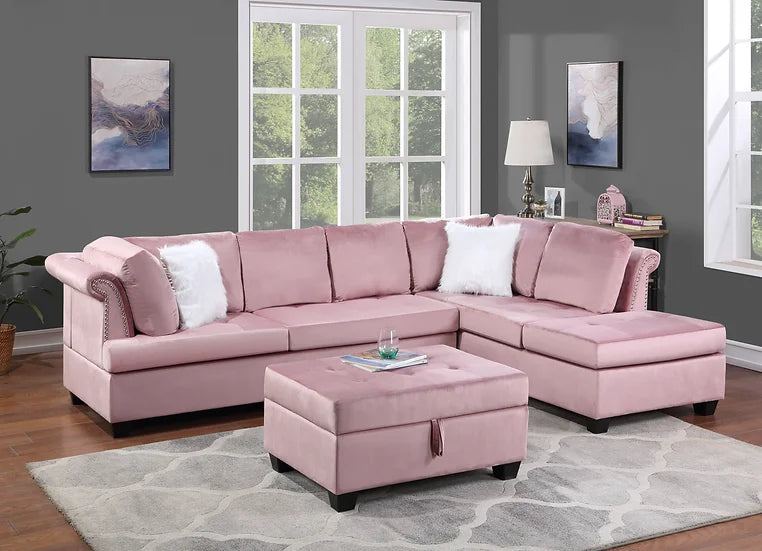 Ava Pink Modern Contemporary Wood Tufted Velvet 3Pcs Sectional With Storage Ottoman