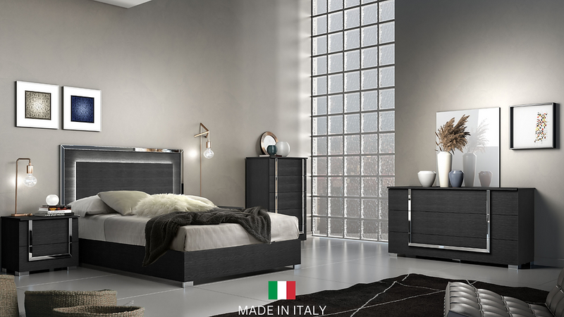 Antonella Black Modern Contemporary High Gloss Lacquer Wood LED Italian Bedroom Set