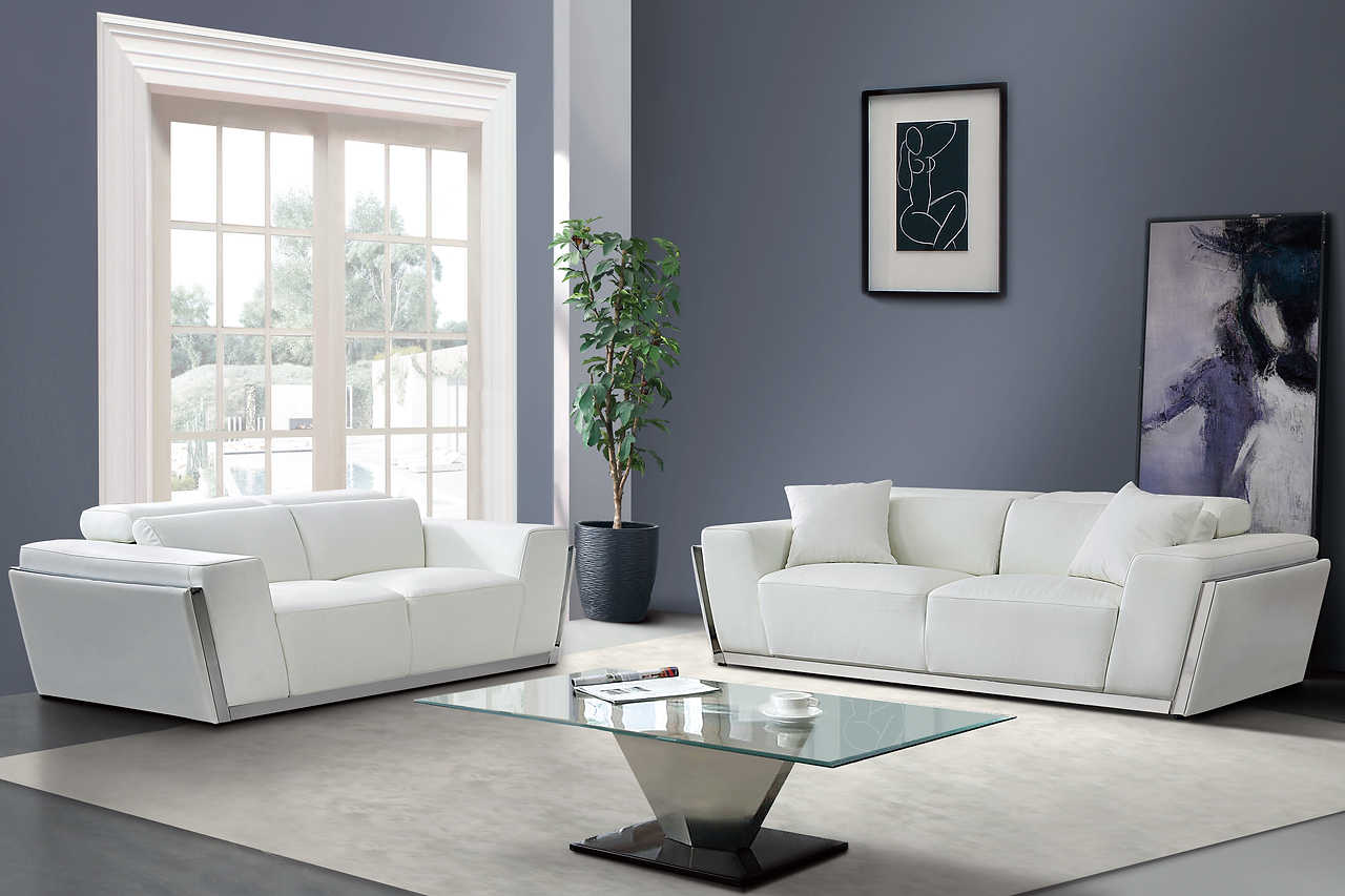 Domo White Modern Contemporary Solid Wood Metal Faux Leather Upholstered Sofa&Loveseat