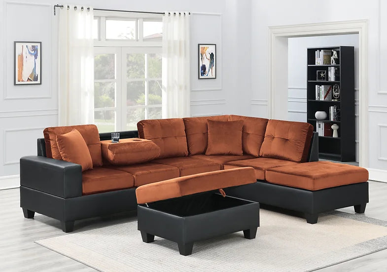 Grand Parkway Light Brown Velvet/Faux Leather Tufted 3Pcs Sectional With Storage Ottoman