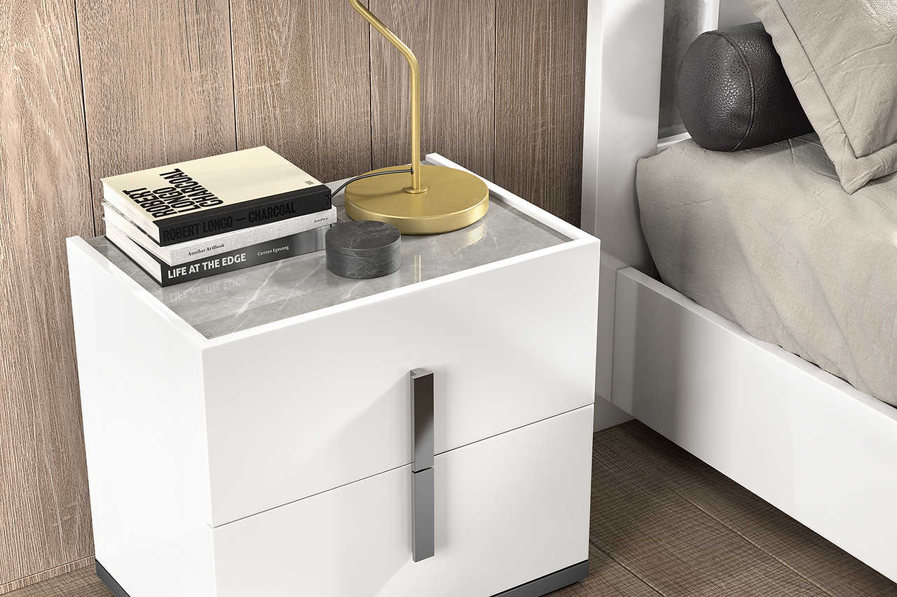 Mara White Modern Traditional Contemporary High Gloss Marble Top Wood Extra Nightstand