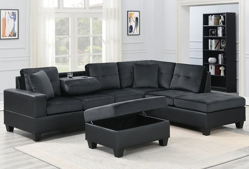 Grand Parkway Black Velvet/Faux Leather Tufted 3Pcs Sectional With Storage Ottoman