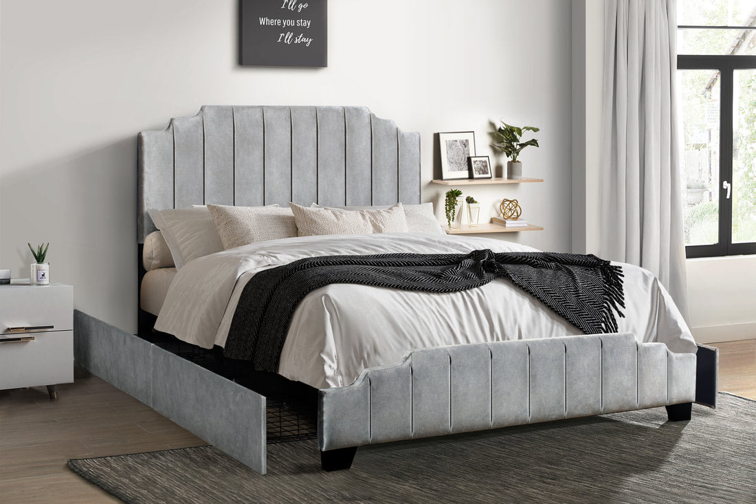 Gray Modern Contemporary Solid Wood Velvet Upholstered Platform Queen Bed