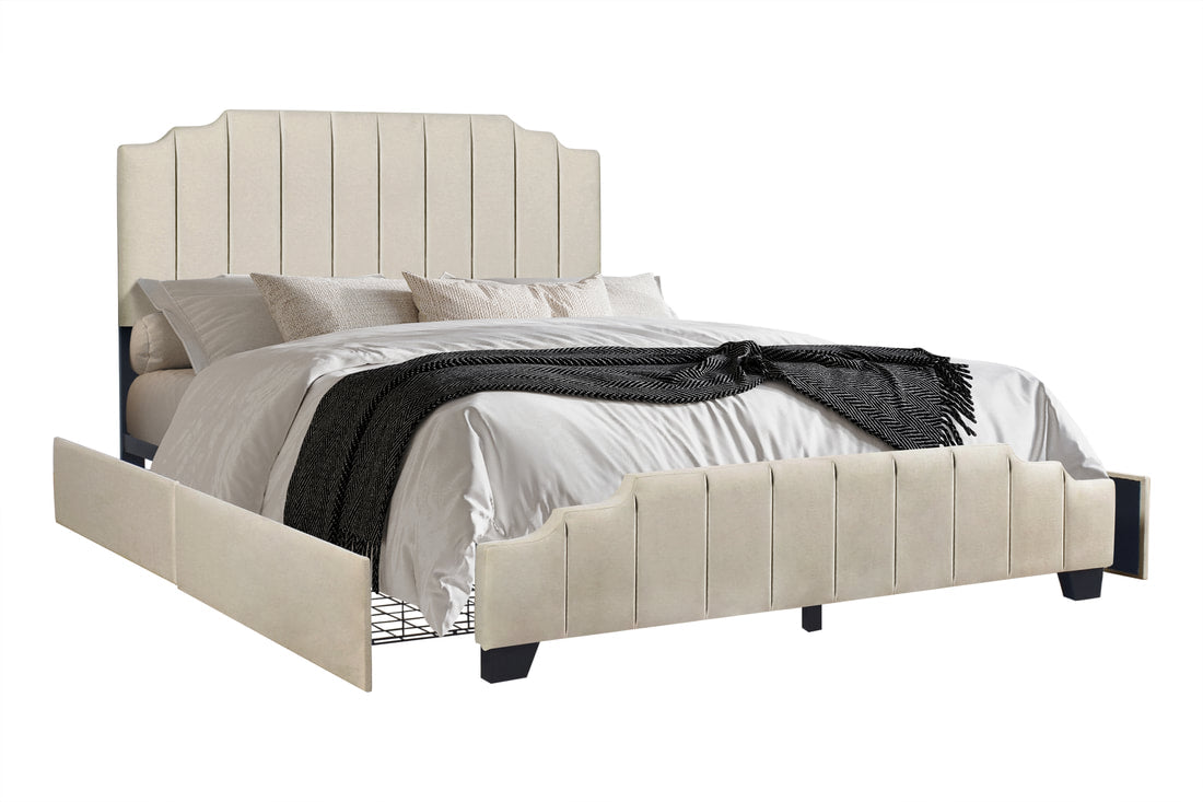 Beige Modern Contemporary Solid Wood Velvet Upholstered Platform Queen Bed