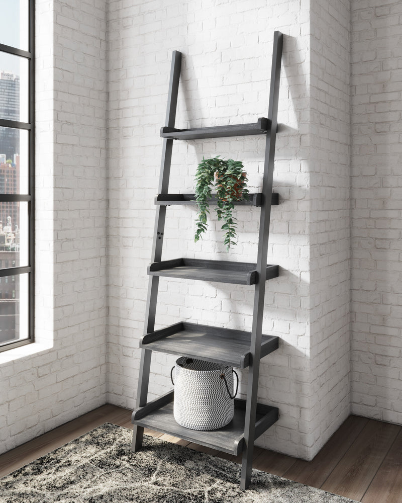Yarlow Black Metal Engineered Dark Wood Grain Leaning Ladder 5 Shelves Bookcase