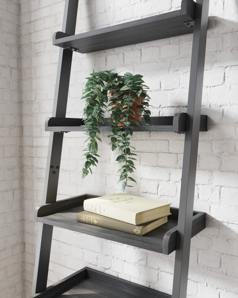 Yarlow Black Metal Engineered Dark Wood Grain Leaning Ladder 5 Shelves Bookcase