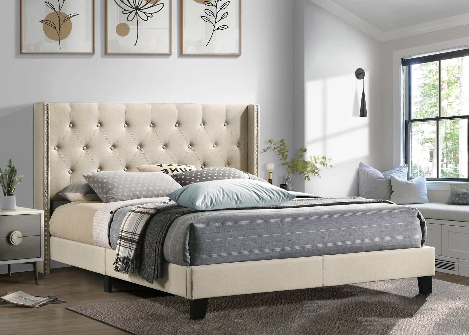 Beige Modern Solid Wood Thick Padded Linen Upholstered Tufted Platform Twin Bed