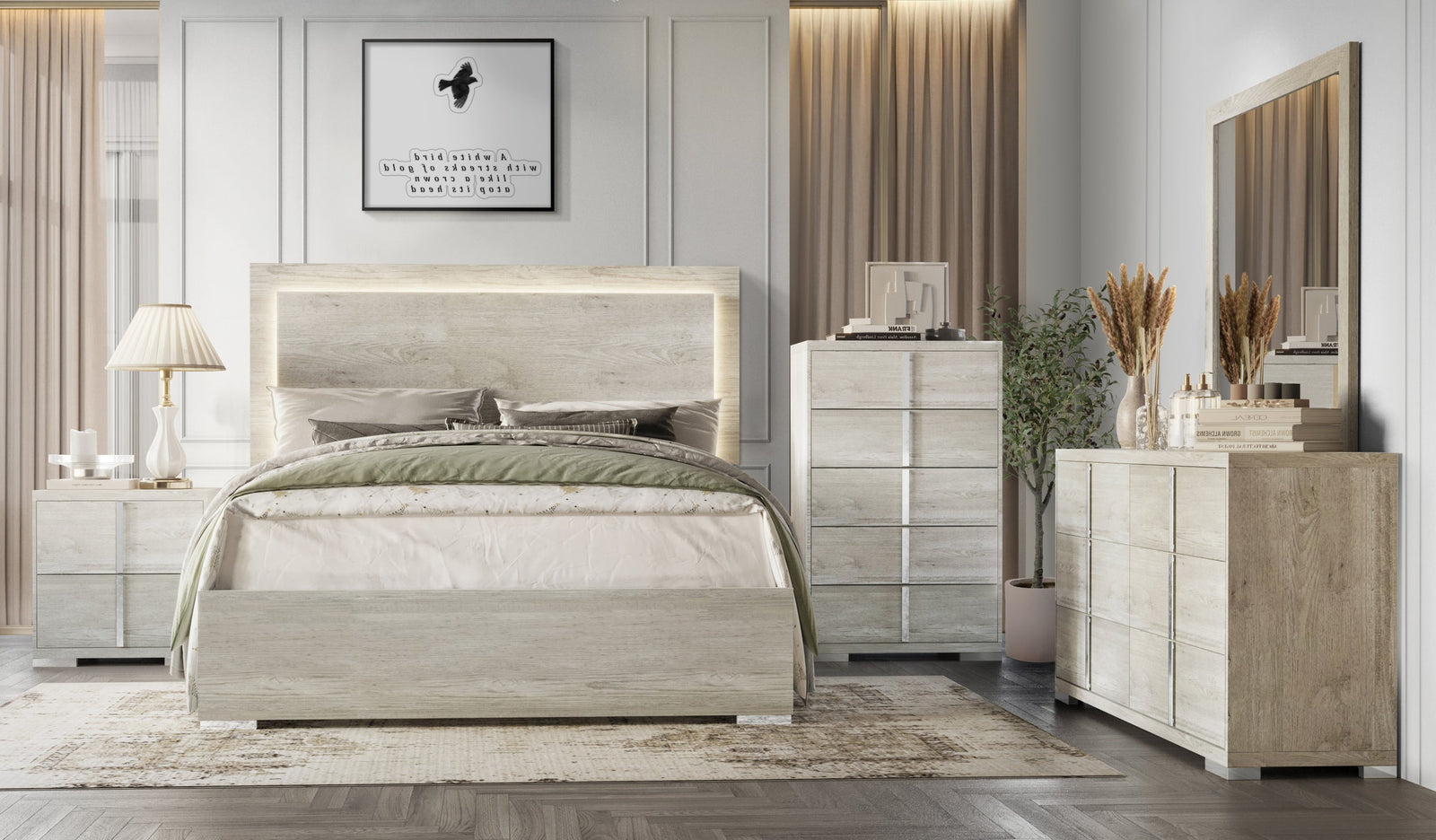 Beige Modern Contemporary Solid Wood and Veneer Bedroom Set