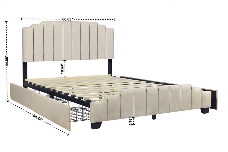 Beige Modern Contemporary Solid Wood Velvet Upholstered Platform Full Bed