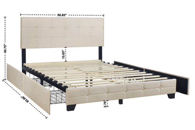 Beige Modern Contemporary Solid Wood Linen Upholstered Tufted Platform Full Bed