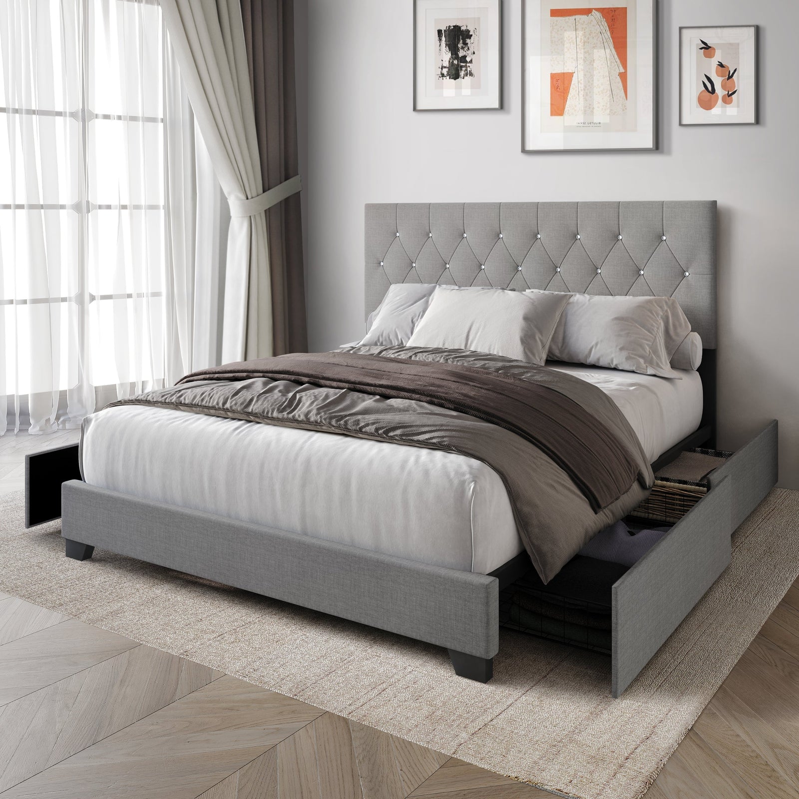 Gray Modern Contemporary Solid Wood Velvet Upholstered Tufted Platform King Bed