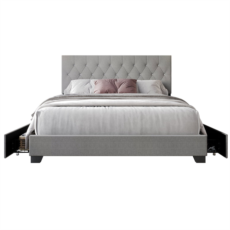Gray Modern Contemporary Solid Wood Velvet Upholstered Tufted Platform Queen Bed