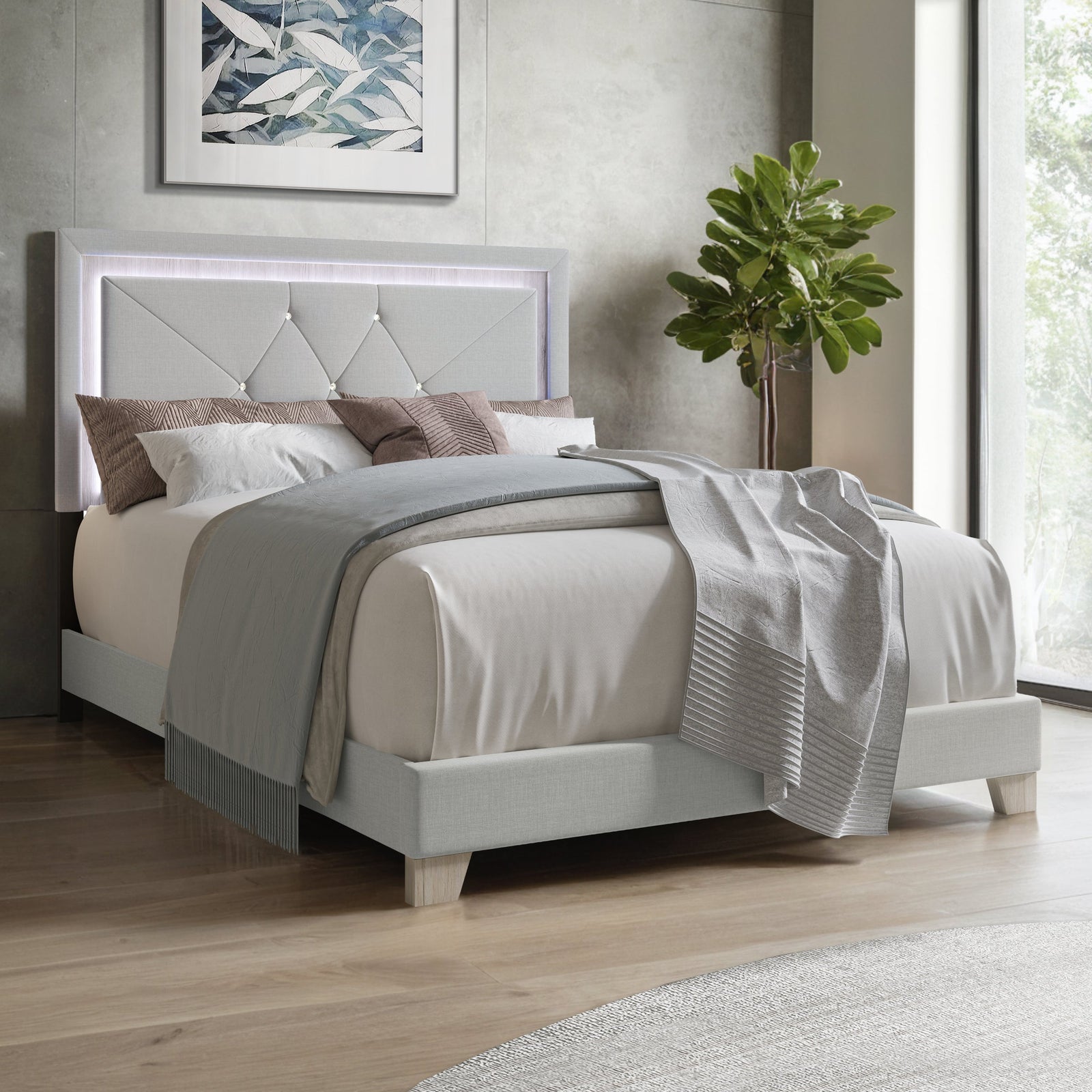 Silver Modern Contemporary Solid Wood Velvet Upholstered Tufted LED Platform Queen Bed