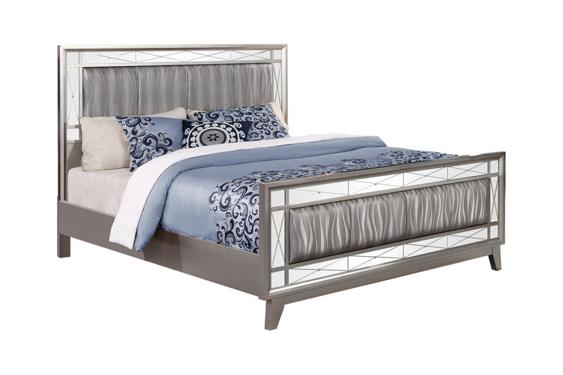 Leighton Eastern King Panel Bed With Mirrored Accents  Mercury Metallic
