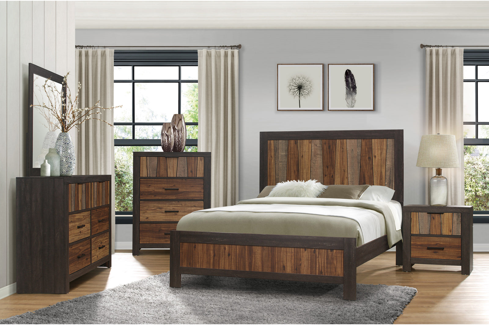 Cooper Dark Ebony And Rustic Mahogany Faux-wood Veneer Modern Industrial Panel Bedroom Set