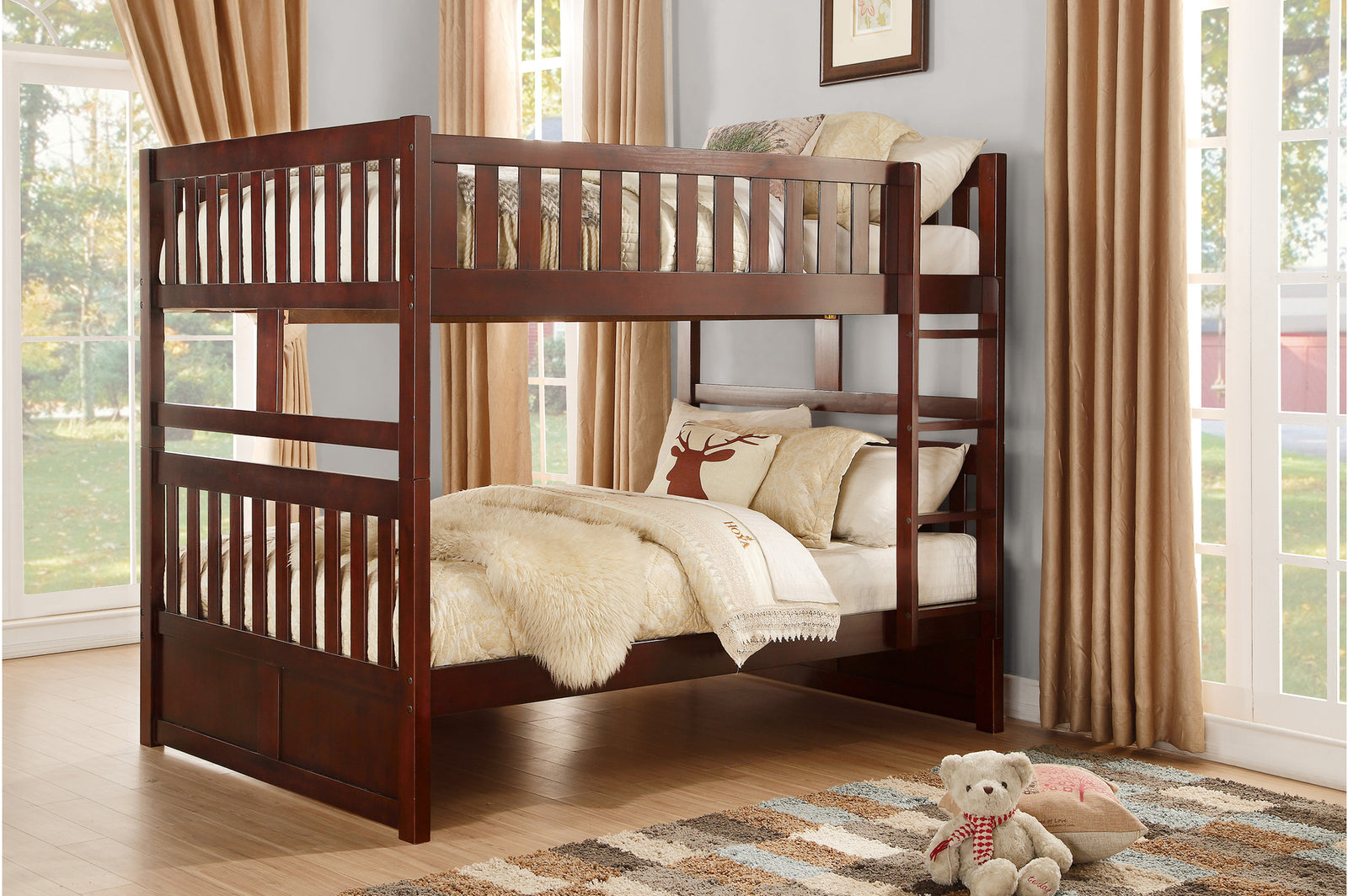 Rowe Dark Cherry Modern Transitional Solid Wood Youth Twin Over Twin Bedroom Set