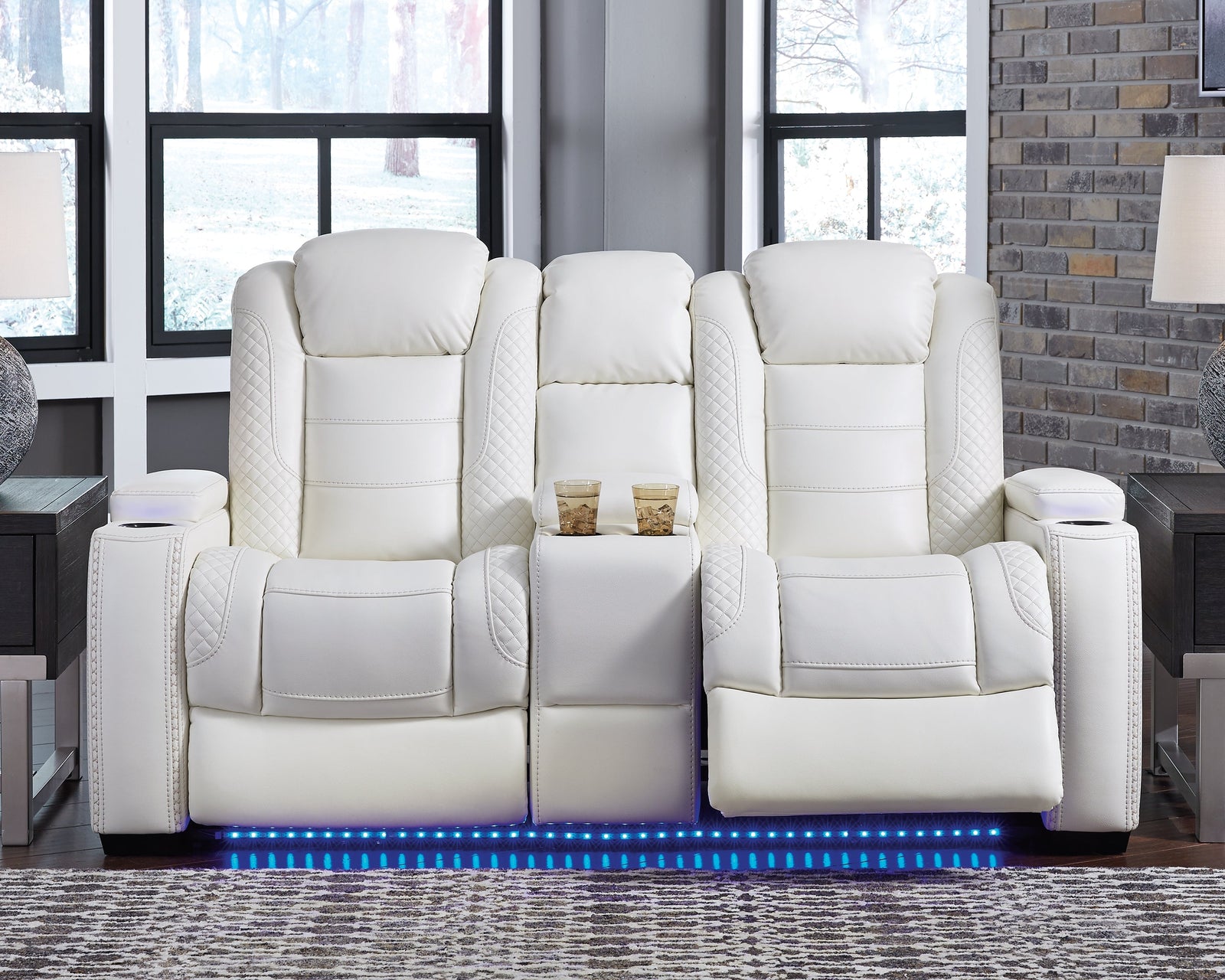 Party Time White Faux Leather Power Reclining Loveseat With Console