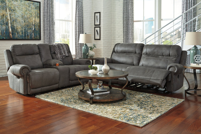 Austere Gray Faux Leather Reclining Loveseat With Console