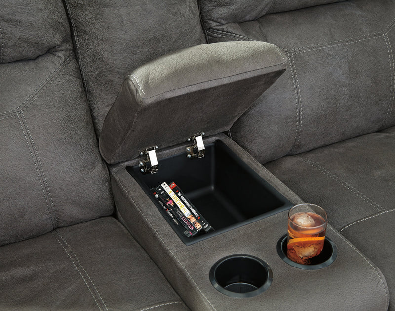 Austere Gray Faux Leather Reclining Loveseat With Console