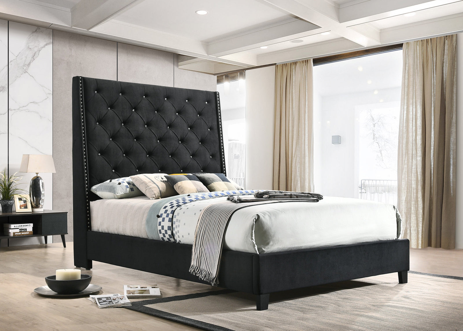 Chantilly Black Velvet Wood King Upholstered Tufted Bed