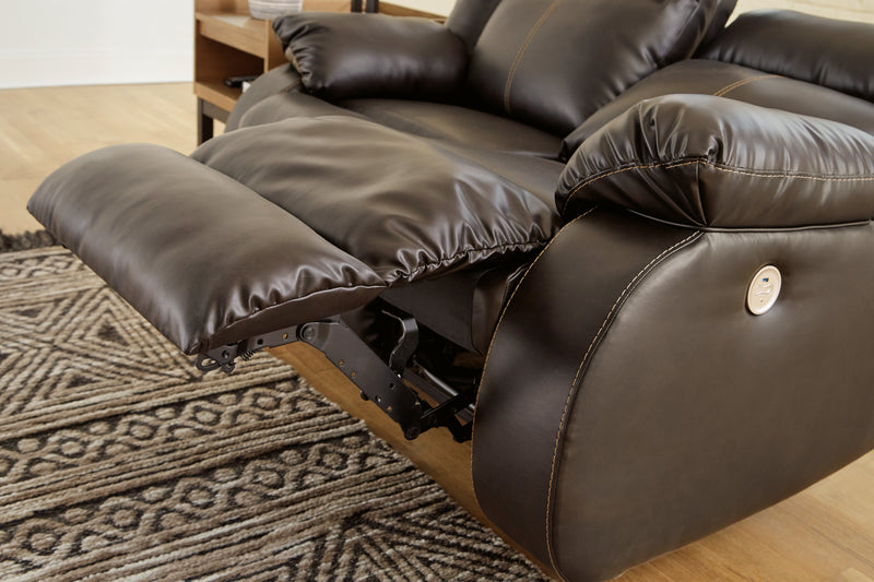 Denoron Chocolate Faux Leather Power Reclining Sofa