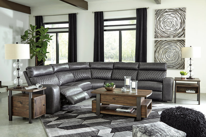 Samperstone Gray Faux Leather 5-Piece Power Reclining Sectional