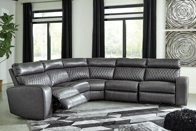 Samperstone Gray Faux Leather 5-Piece Power Reclining Sectional