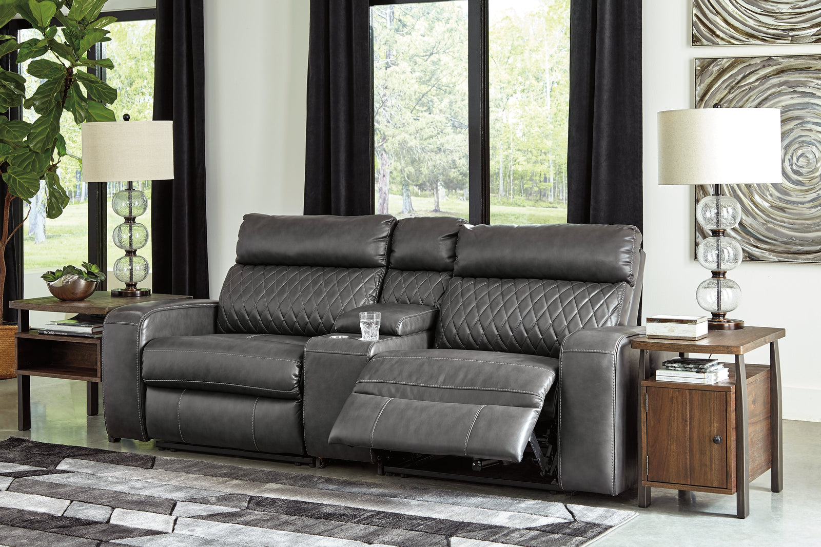 Samperstone Gray Faux Leather 3-Piece Power Reclining Sectional
