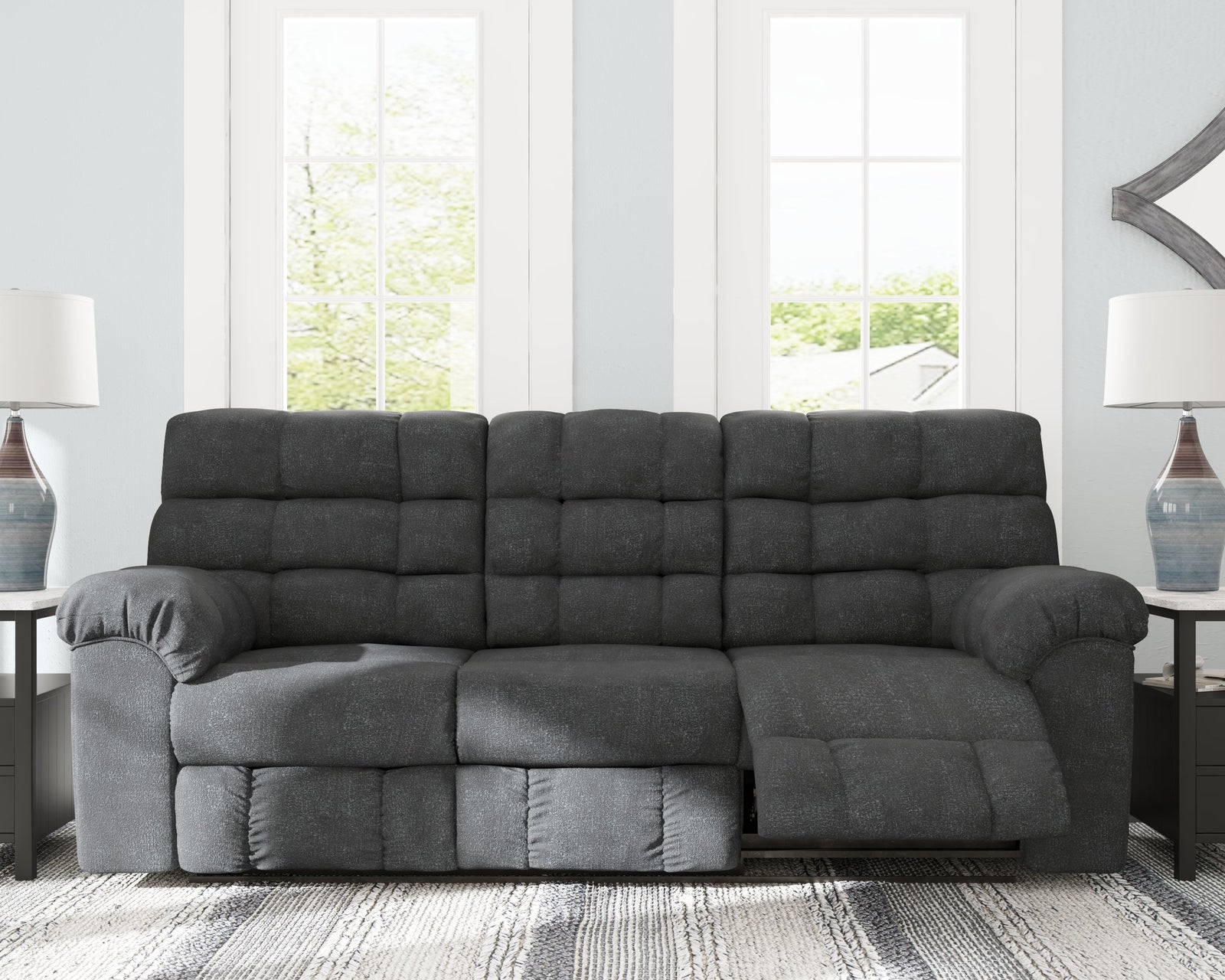Wilhurst Marine Chenille Reclining Sofa With Drop Down Table