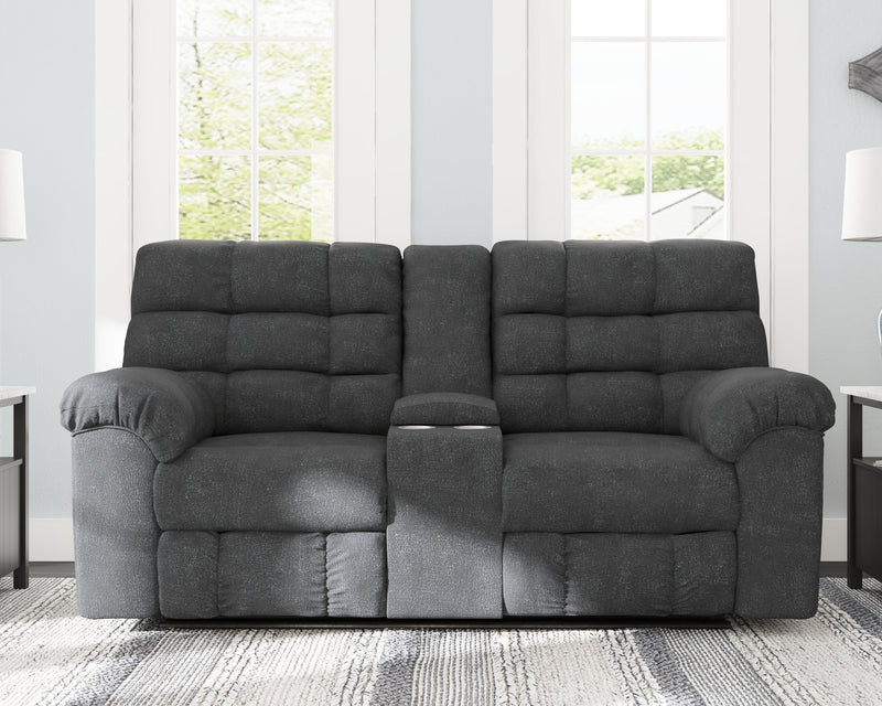 Wilhurst Marine Chenille Reclining Loveseat With Console
