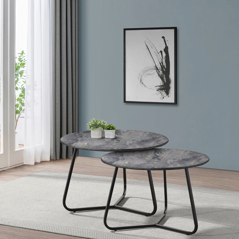 Lennox 2-Piece Round Coffee Table Set Faux Slate And Matte Black