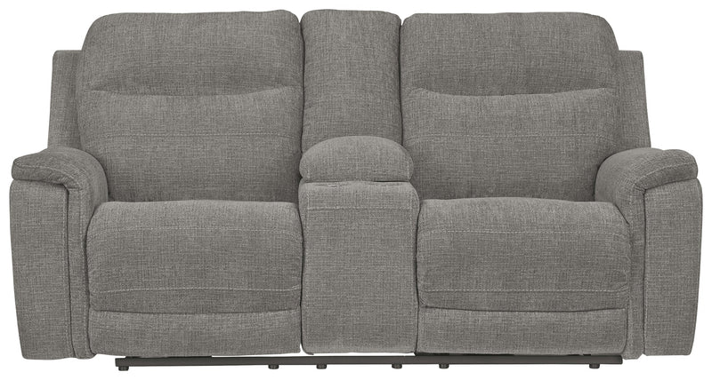 Mouttrie Smoke Chenille Power Reclining Loveseat With Console