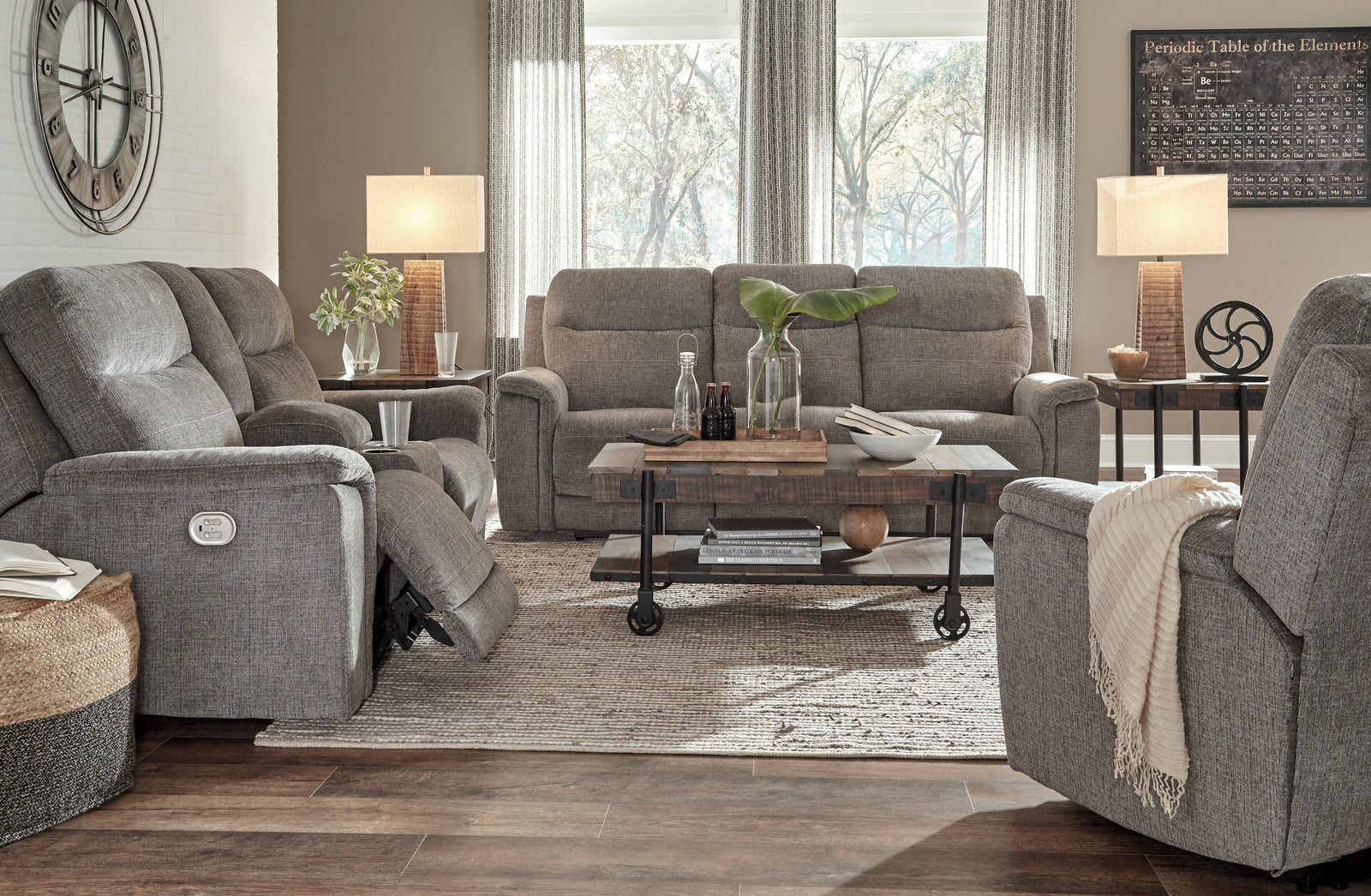 Mouttrie Smoke Sofa, Loveseat And Recliner