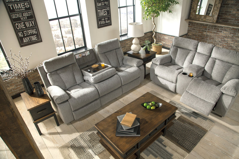 Mitchiner Fog Microfiber Reclining Sofa With Drop Down Table