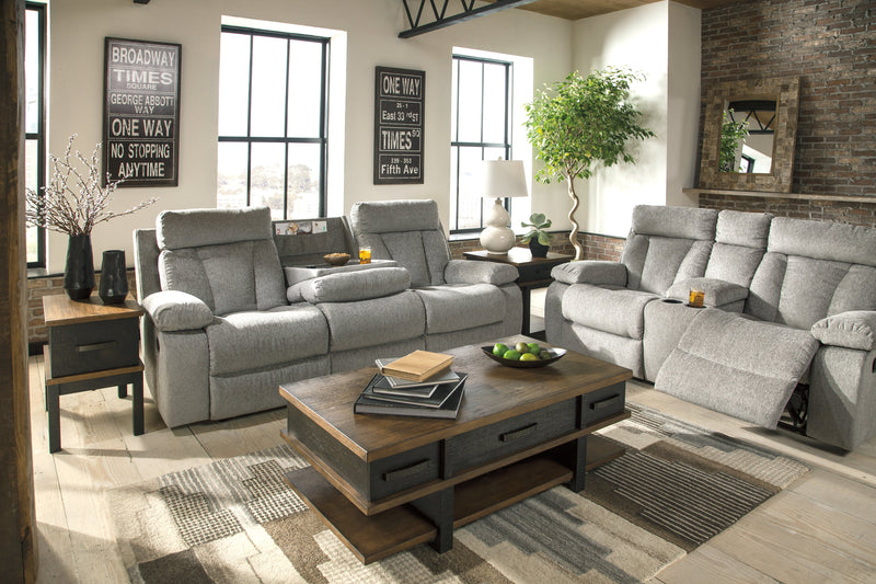 Mitchiner Fog Microfiber Reclining Sofa With Drop Down Table