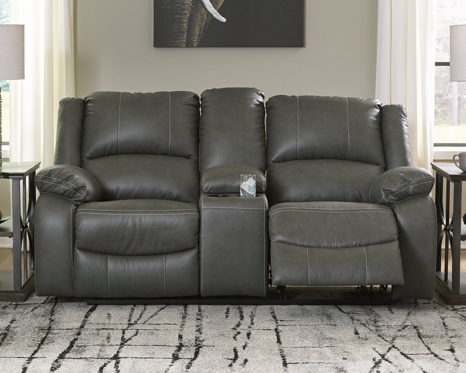 Calderwell Gray Faux Leather Reclining Loveseat With Console