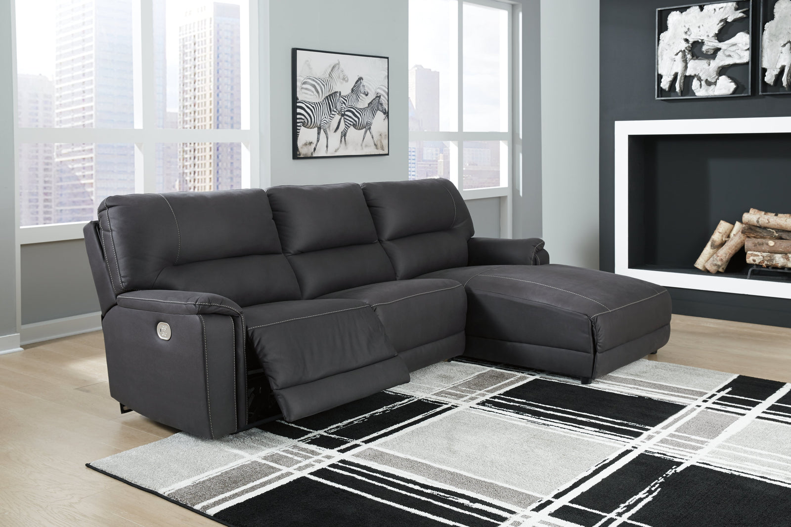 Henefer Midnight Microfiber 3-Piece Power Reclining Sectional With Chaise